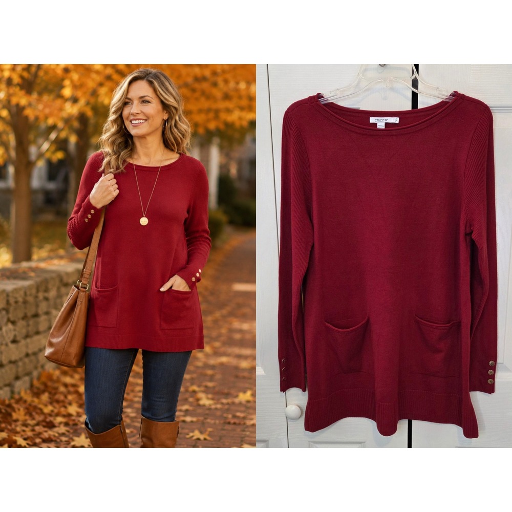 CHICO'S Red Tunic Sweater‎ Long Sleeve Front Pockets Chico's Sz 2 / 12 /L